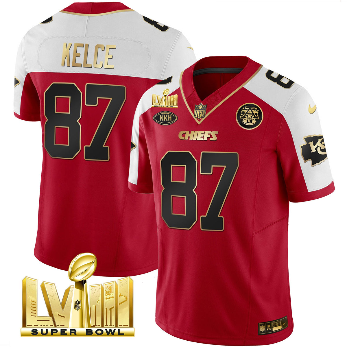 Men's Chiefs Super Bowl LVIII Gold Patch Vapor Jersey V2 - All Stitched - Red Alternate - Travis Kelce — view 1