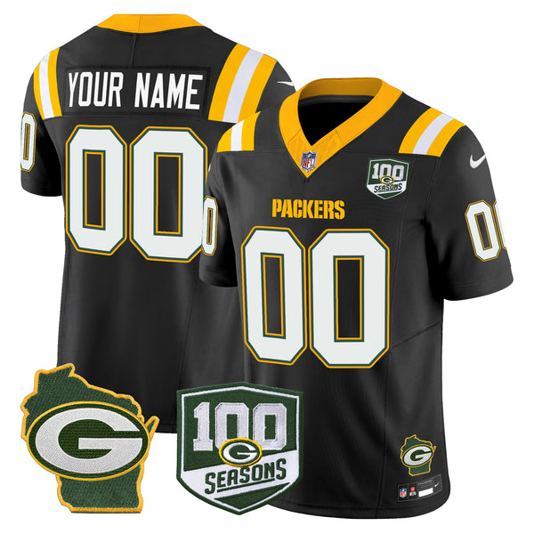 Packers 100th Season & Home Patch Vapor Limited Custom Jersey - All Stitched - Black — view 1