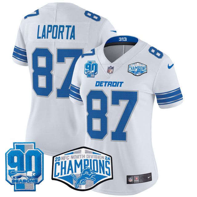 Women's Detroit Lions 2024 NFC North Division Champions Patch Vapor Limited Jersey - All Stitched - White - Sam Laporta — view 1