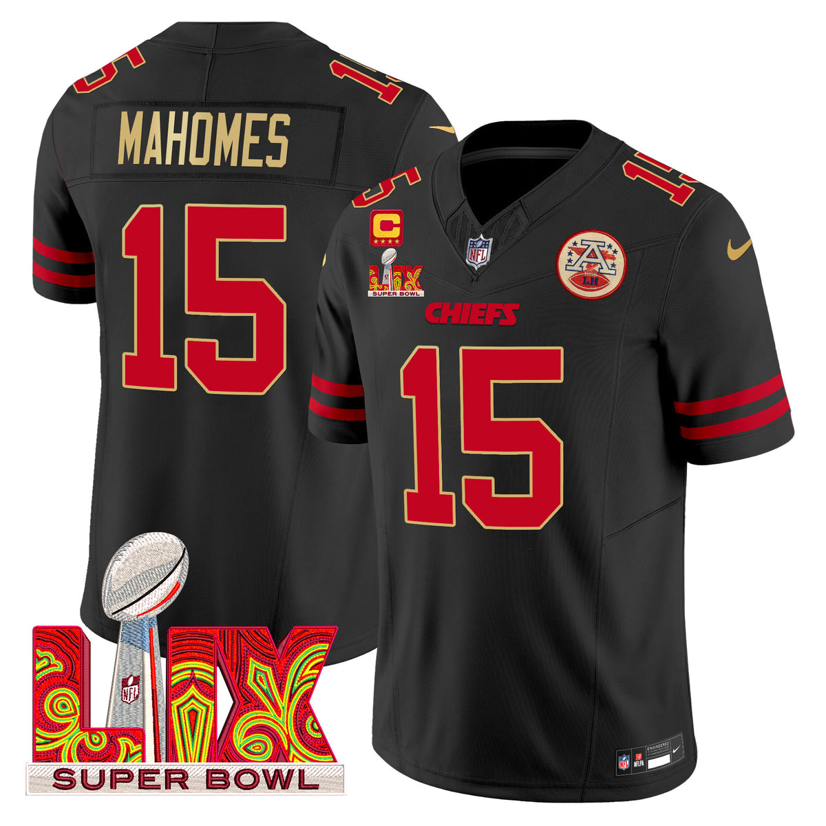 Men's Chiefs Super Bowl LIX Patch Gold Trim Vapor Limited Jersey - All Stitched - Black - Patrick Mahomes — view 1