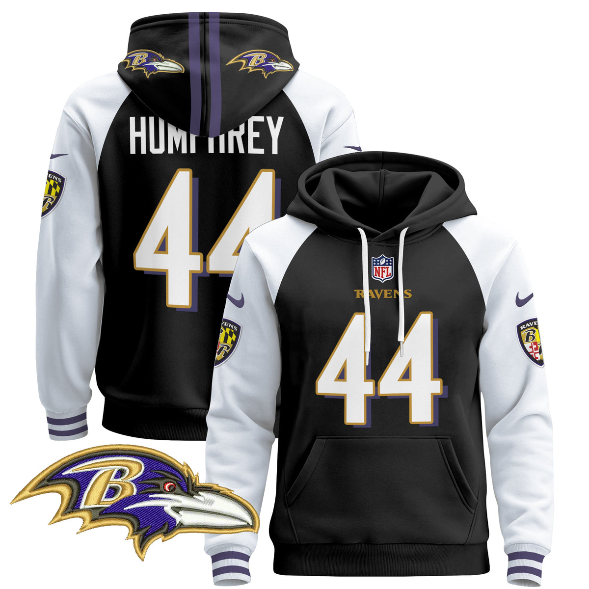 Men's Baltimore Ravens 2024 Pullover Hoodie V4 - All Stitched - Black Alternate - Marlon Humphrey — view 1