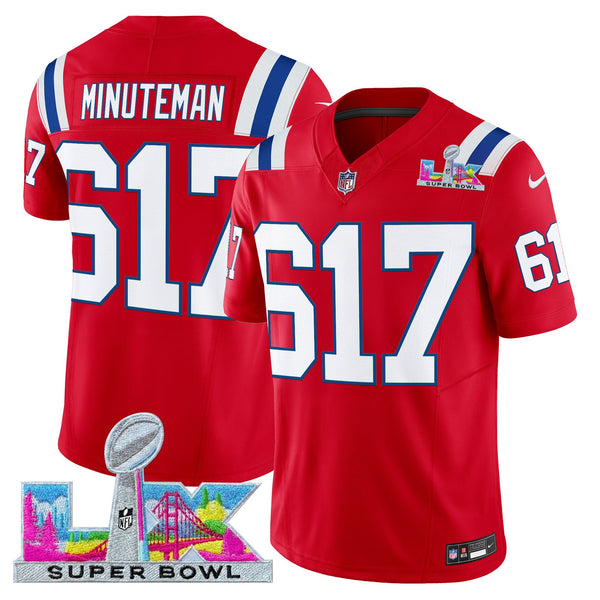 Men's New England Patriots Super Bowl LX Vapor Limited Jersey - All Stitched - Red - Minuteman 617 — view 1