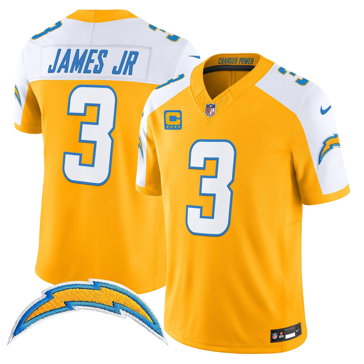 Men's Los Angeles Chargers 2025 Alternate Charger Power Vapor Limited Jersey - All Stitched - Gold Alternate - Derwin James Jr — view 1