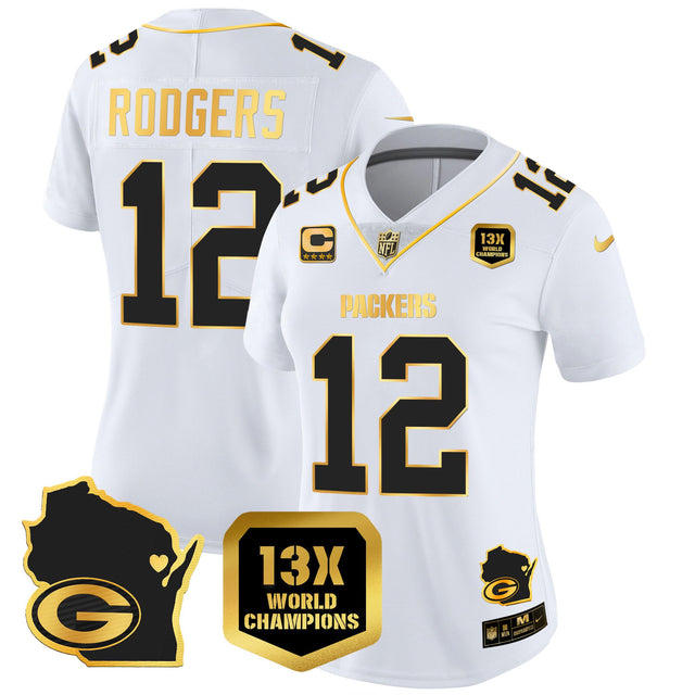 Women's Packers 13 Time World Champions & Home Patch Gold Vapor Jersey V2 – All Stitched - White Gold - Aaron Rodgers — view 1