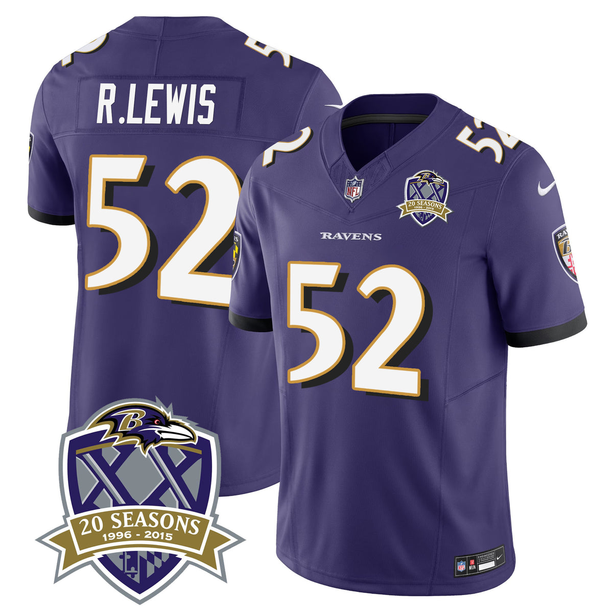 Men's Ravens 20th Season Patch Vapor Limited Jersey - All Stitched - Purple - Ray Lewis — view 1