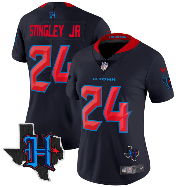 Women's Houston Texans 2024 Texas Patch Vapor Limited Jersey - All Stitched - Navy Limited - Derek Stingley Jr — view 1