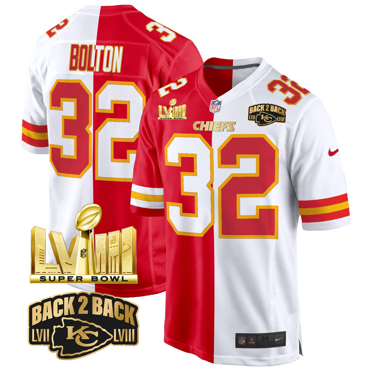 Men's Chiefs Super Bowl LVIII & Back 2 Back Gold Game Jersey - All Stitched - Split - Nick Bolton — view 1