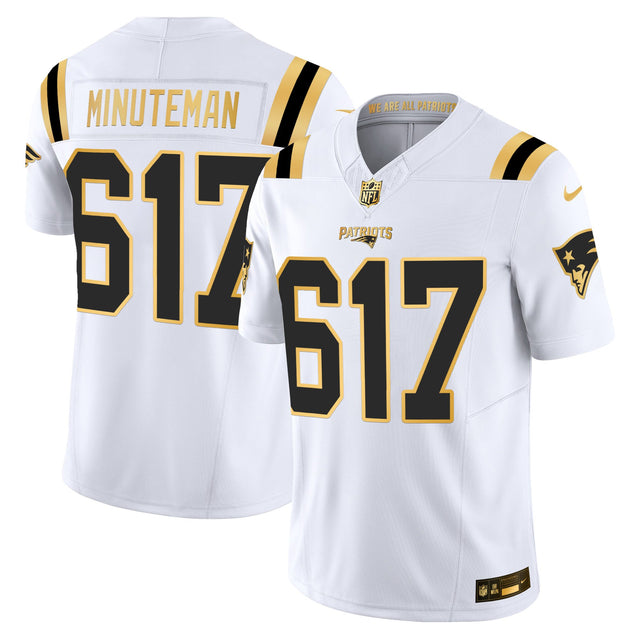 Men's New England Patriots 2025 Gold Vapor Limited Jersey - All Stitched - White Gold - Minuteman 617 — view 1