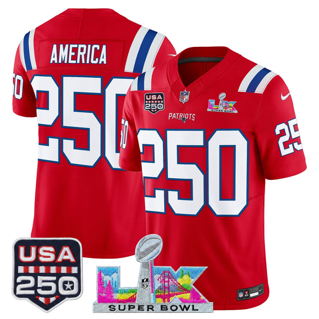 Men's New England Patriots Super Bowl LX & United States 250th Anniversary Patch Vapor Limited Jersey - All Stitched - Red - #250 America — view 1