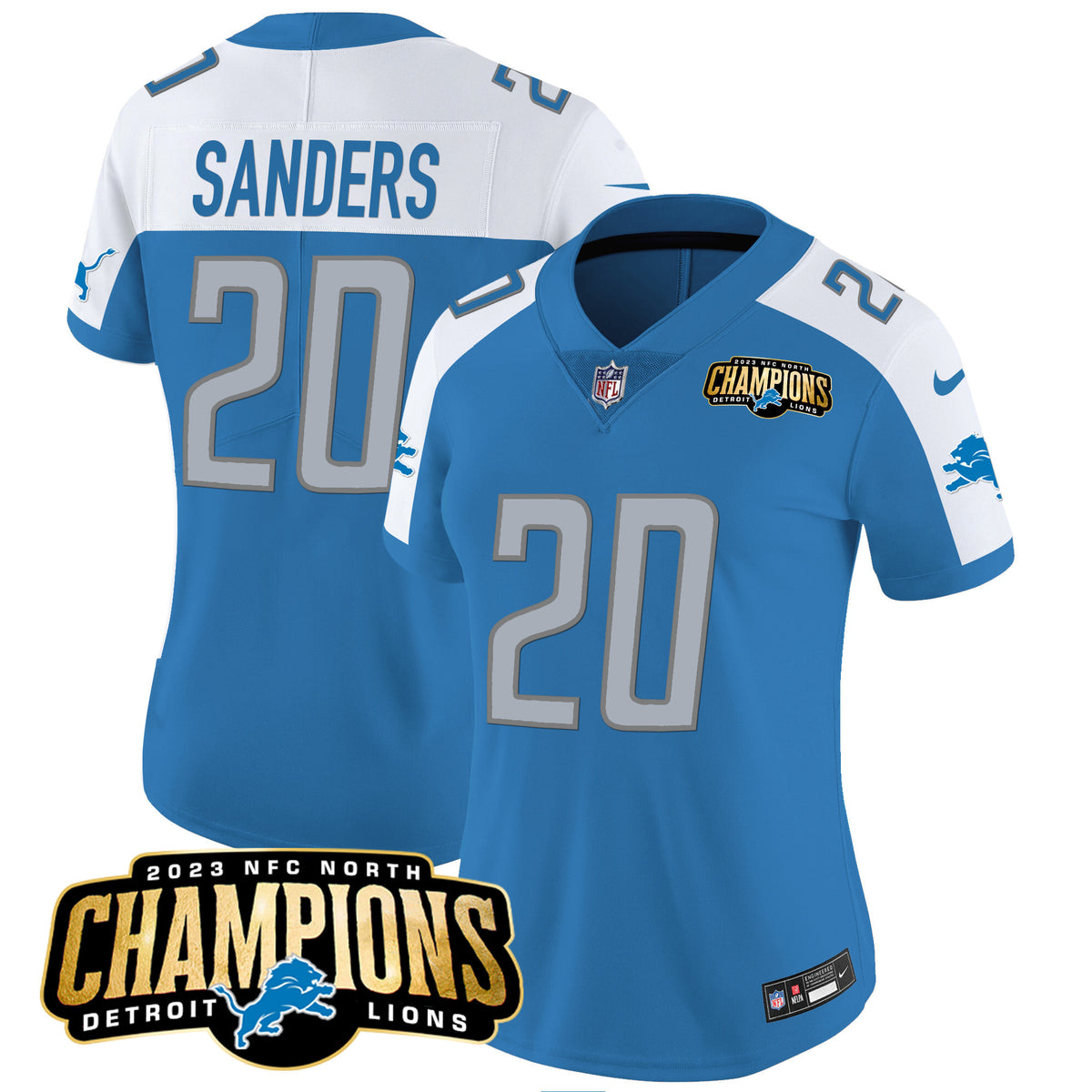 Women's Detroit Lions 2023 NFC North Champions Patch Vapor Jersey - All Stitched - Blue Alternate - Barry Sanders — view 1