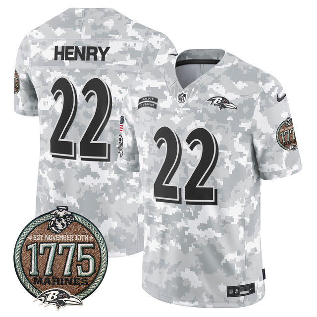 Men's Ravens 2024 Salute to Service Establishment Year Patch Vapor Limited Jersey - All Stitched - Marines - Derrick Henry — view 1