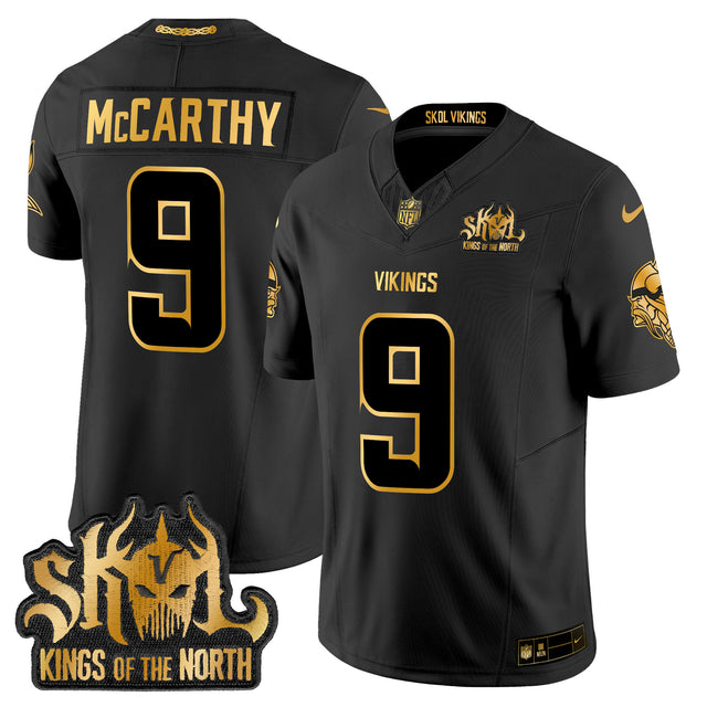 Men's Minnesota Vikings 2024 Winter Warrior Skol Patch Gold Vapor Limited Jersey - All Stitched - Black Gold - J.J. McCarthy — view 1
