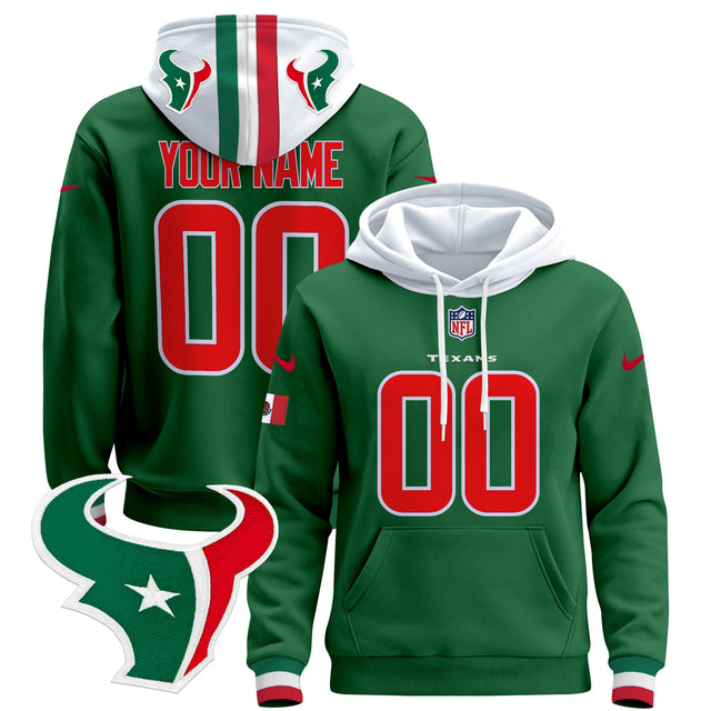 Houston Texans Mexico 2024 Custom Pullover Hoodie - All Stitched - Green — view 1