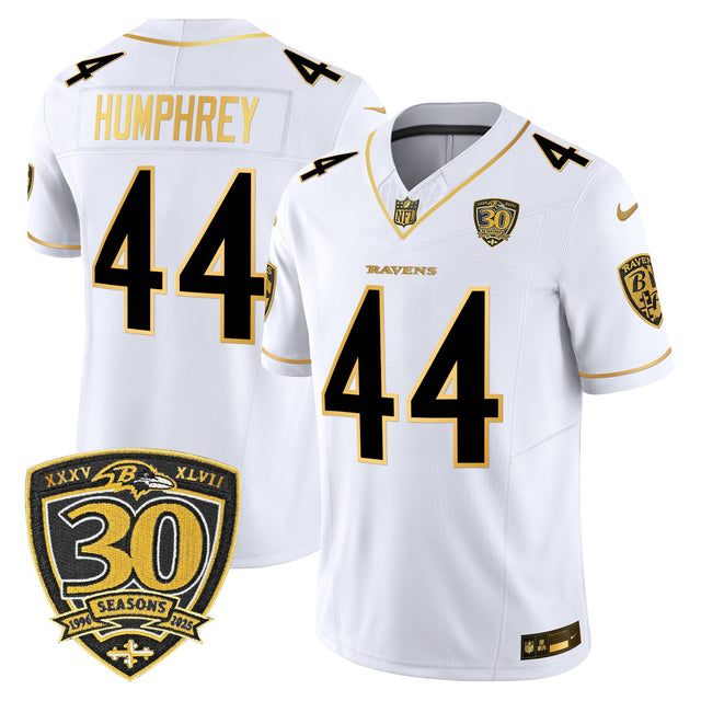 Men's Baltimore Ravens 2025 Gold Vapor Limited Jersey - 30th Anniversary Patch - All Stitched - White Gold - Marlon Humphrey — view 1