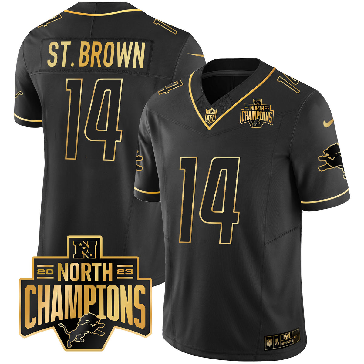 Men's Detroit Lions 2023 NFC North Division Champions Patch Vapor Gold Jersey - All Stitched - Black Gold - St. Brown — view 1