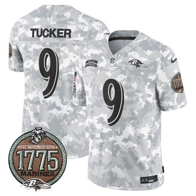 Men's Ravens 2024 Salute to Service Establishment Year Patch Vapor Limited Jersey - All Stitched - Marines - Justin Tucker — view 1