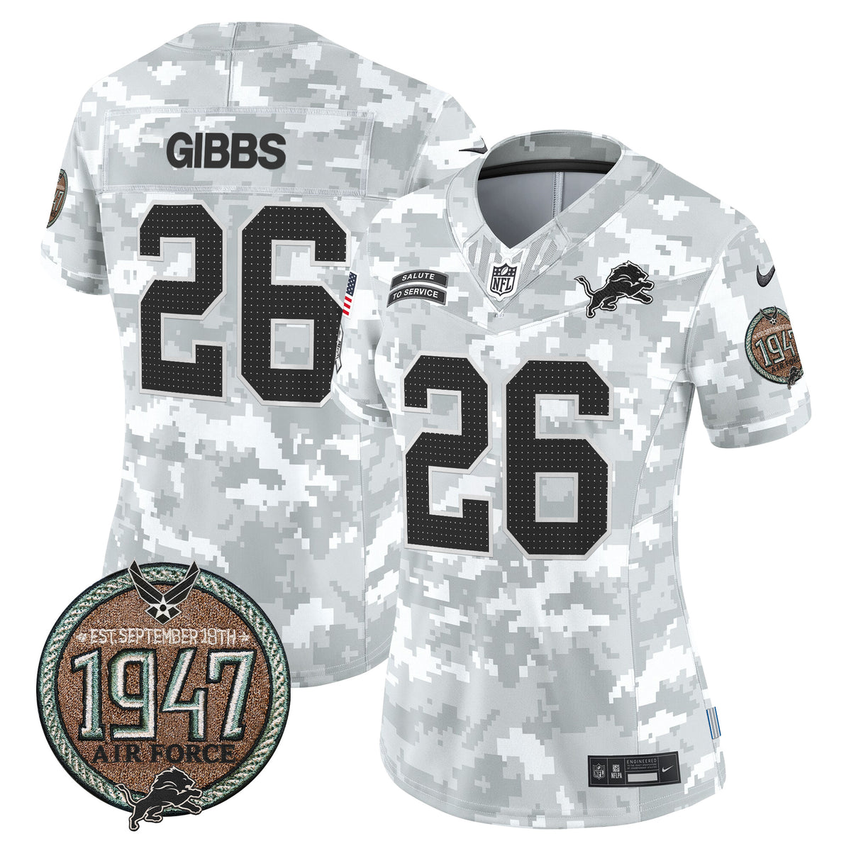 Women's Detroit Lions 2024 Salute to Service Establishment Year Patch Vapor Limited Jersey - All Stitched - Air Force - Jahmyr Gibbs — view 1