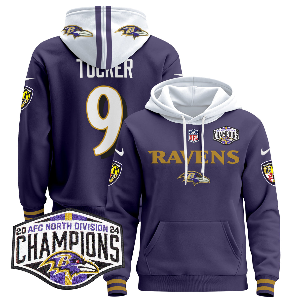 Men's Baltimore Ravens 2024 AFC North Division Champions Patch Pullover Hoodie - All Stitched - Purple - Justin Tucker — view 1
