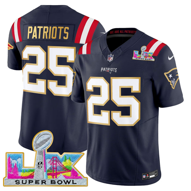 Men's New England Patriots Super Bowl LX Gold Trim Vapor Limited Jersey - All Stitched - Navy - #25 Patriots — view 1