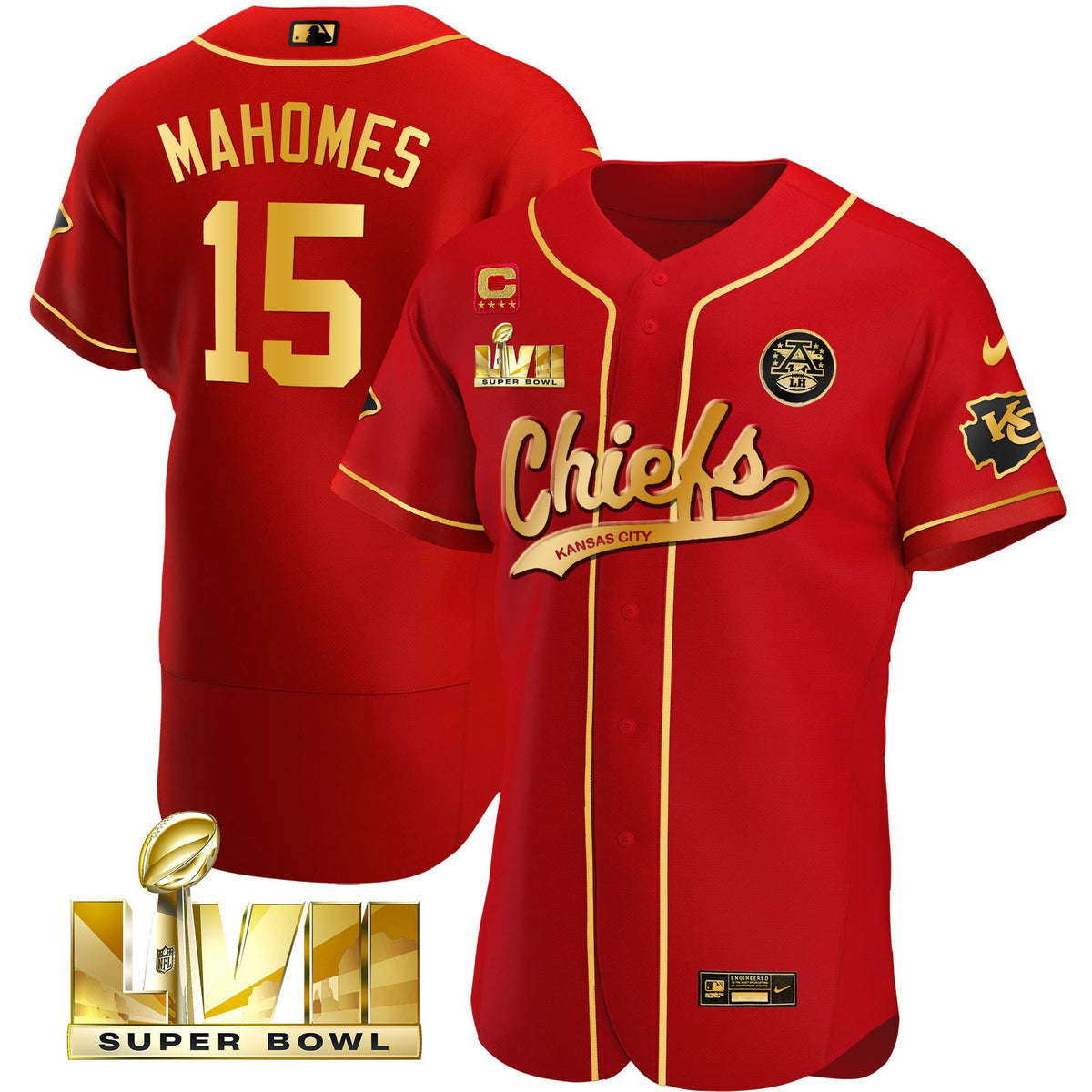 Men's Chiefs Super Bowl LVII Flex Base Jersey V2 - All Stitched - Red Gold - Patrick Mahomes — view 1