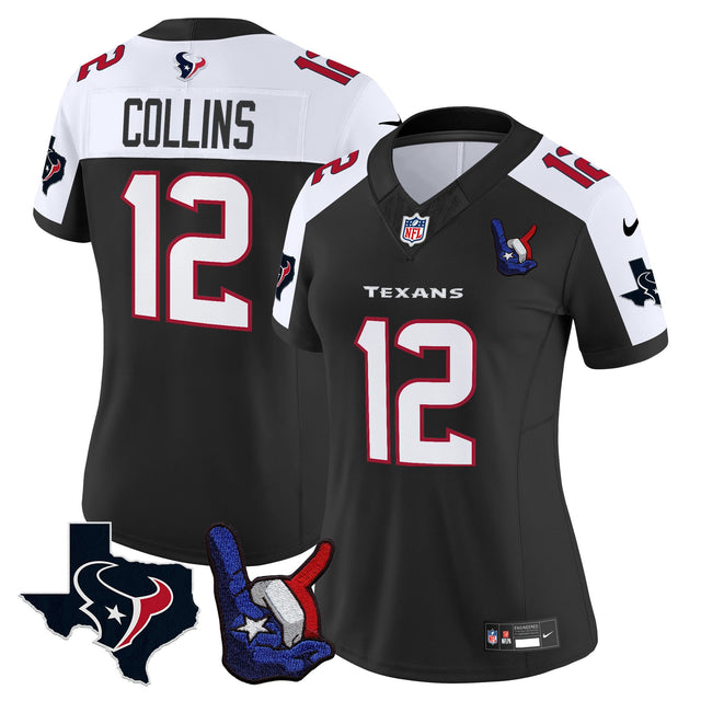 Women's Houston Texans Hand Sign Throwing Up The H Vapor Jersey - All Stitched - Black Alternate - Nico Collins — view 1