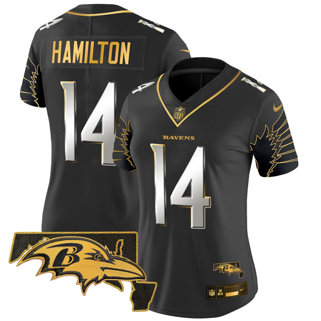 Women's Ravens Maryland Patch Gold Vapor Limited Jersey V2 - All Stitched - Black Limited - Kyle Hamilton — view 1