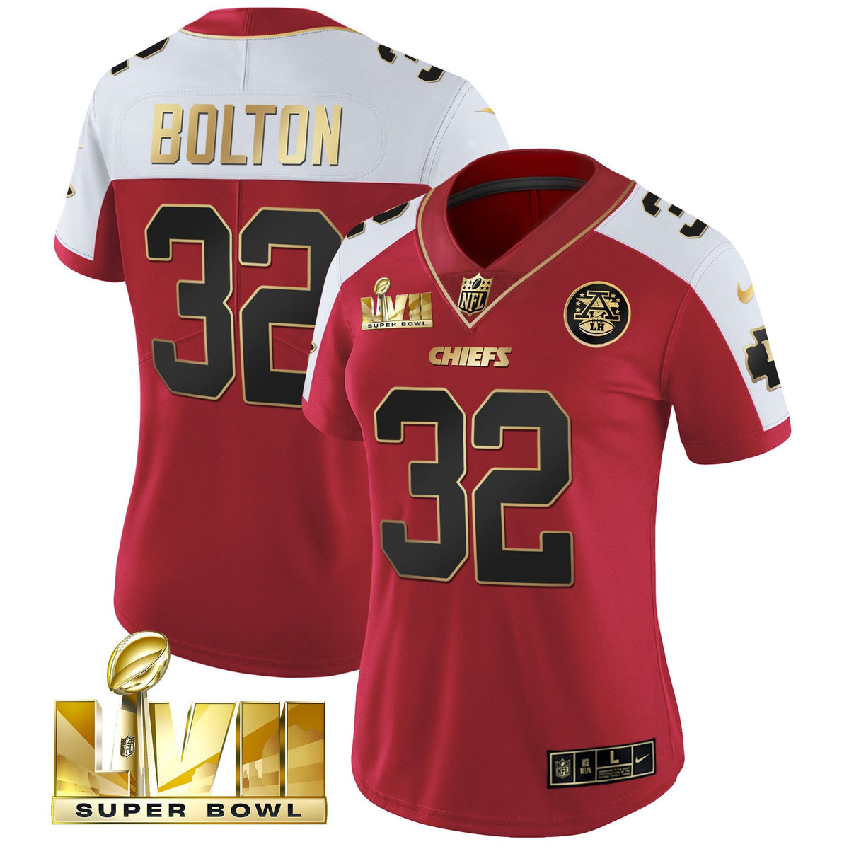 Women's Chiefs Super Bowl LVII Red Gold Vapor Jersey - All Stitched - Red Alternate - Nick Bolton — view 1