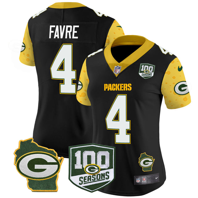 Women's Packers 100th Season & Home Patch Cheese Vapor Limited Jersey – All Stitched - Black - Brett Favre — view 1