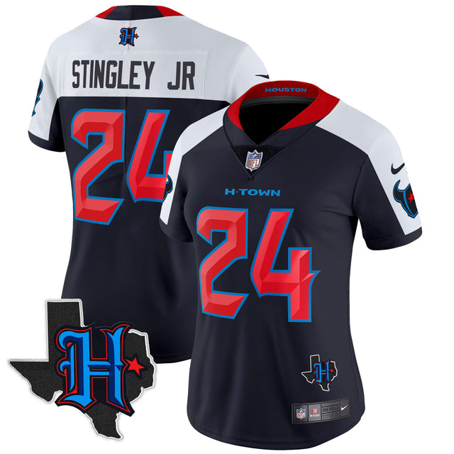 Women's Houston Texans 2024 Texas Patch Vapor Limited Jersey - All Stitched - Navy Alternate - Derek Stingley Jr — view 1