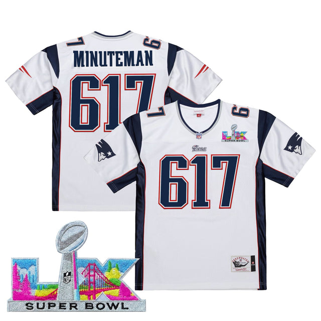 Men's New England Patriots Super Bowl LX Throwback Jersey - All Stitched - White - Minuteman 617 — view 1
