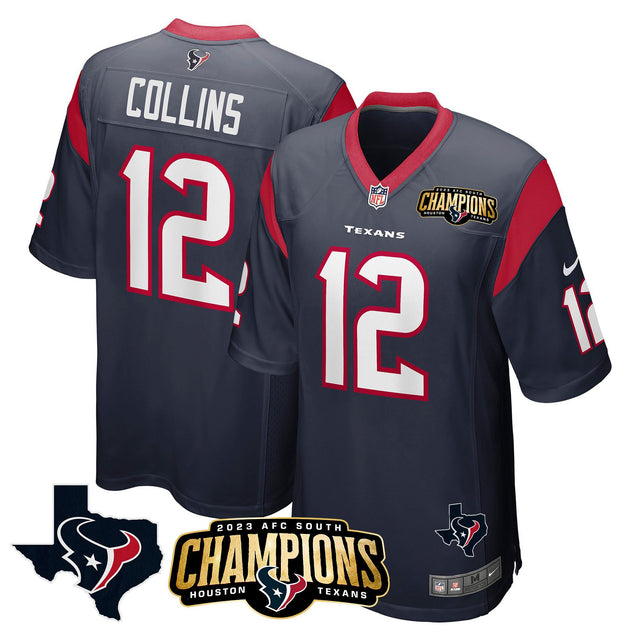Men's Houston Texans 2023 AFC South Champions Patch Game Jersey - All Stitched - Navy - Nico Collins — view 1