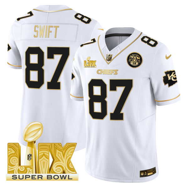 Men's Chiefs Super Bowl LIX Patch Gold Vapor Limited Jersey - All Stitched - White Gold - Taylor Swift — view 1