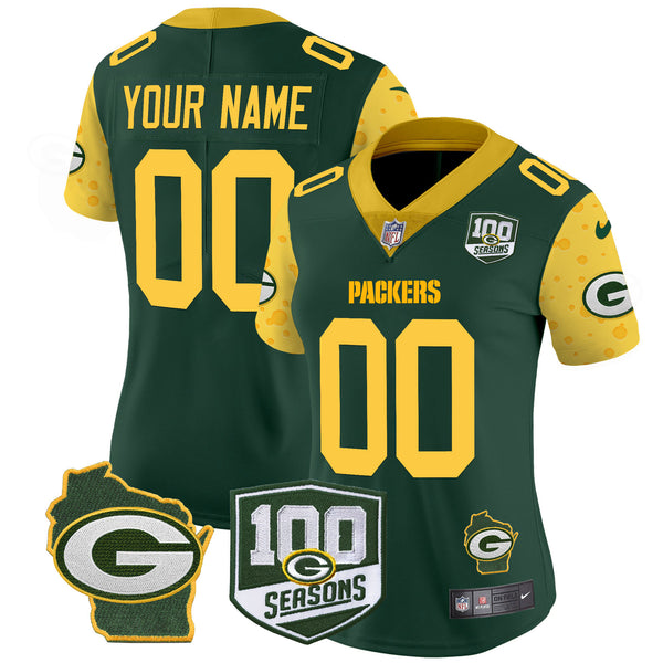 Packers 100th Season & Home Patch Cheese Vapor Limited Custom Jersey – All Stitched - Green — view 1