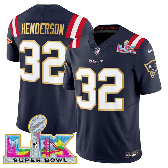 Men's New England Patriots Super Bowl LX Gold Trim Vapor Limited Jersey - All Stitched - Navy - TreVeyon Henderson — view 1