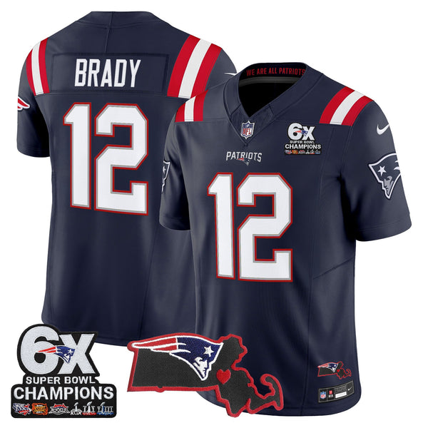 Men's New England Patriots 6-Time Champions & Massachusetts Patch Vapor Limited Jersey - All Stitched - Navy - Tom Brady — view 1