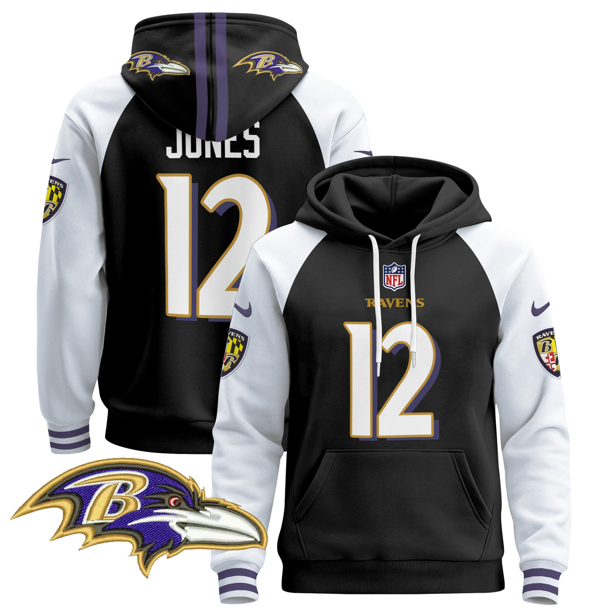 Men's Baltimore Ravens 2024 Pullover Hoodie V4 - All Stitched - Black Alternate - Jacoby Jones — view 1
