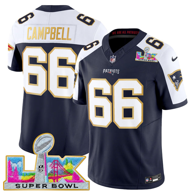 Men's New England Patriots Super Bowl LX Gold Trim Vapor Limited Jersey - All Stitched - Navy Alternate - Will Campbell — view 1