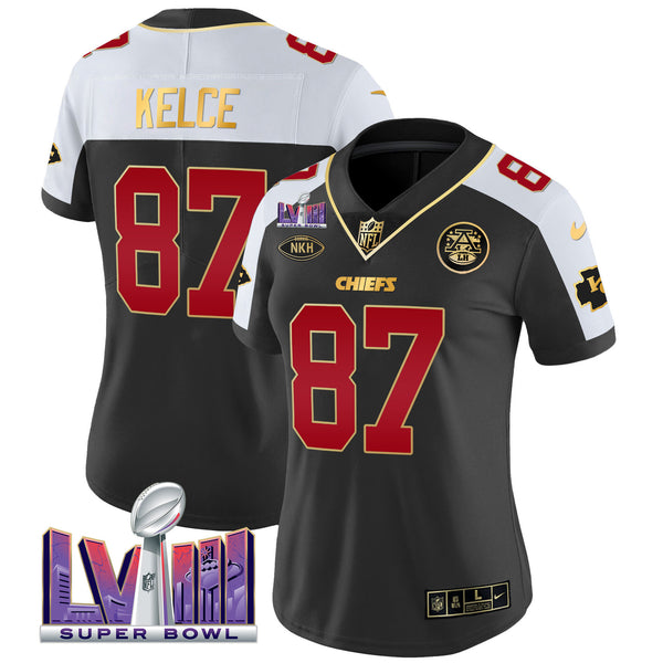 Women's Chiefs Super Bowl LVIII Patch Vapor Jersey V2- All Stitched - Black Alternate - Travis Kelce — view 1