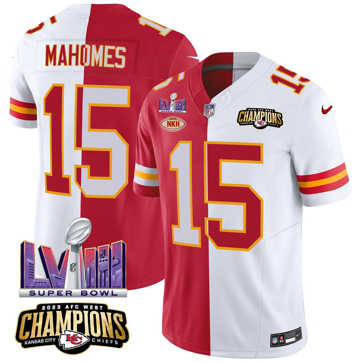 Men's Chiefs AFC West Champions & Super Bowl LVIII Patch Vapor Jersey V2 - All Stitched - Split - Patrick Mahomes — view 1