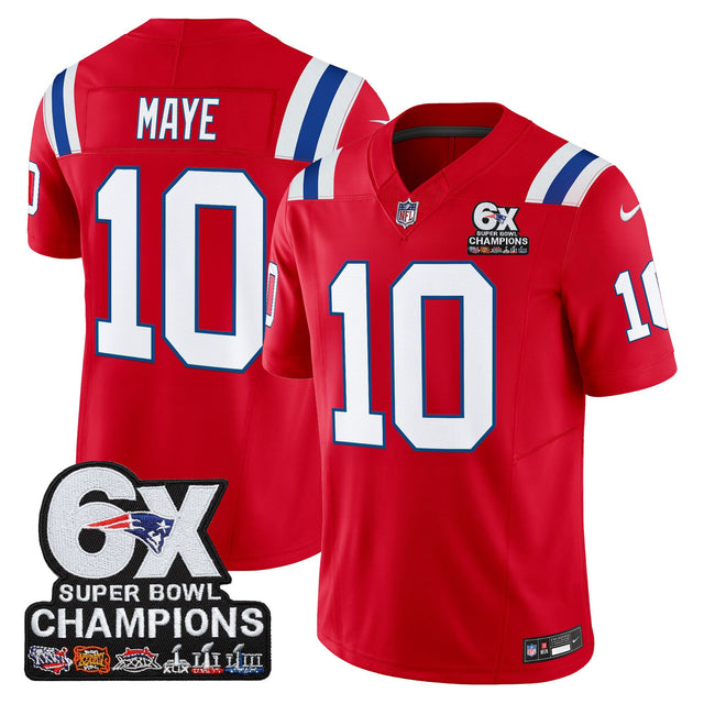 Men's New England Patriots 6-Time Champions Patch Vapor Limited Jersey - All Stitched - Red - Drake Maye — view 1
