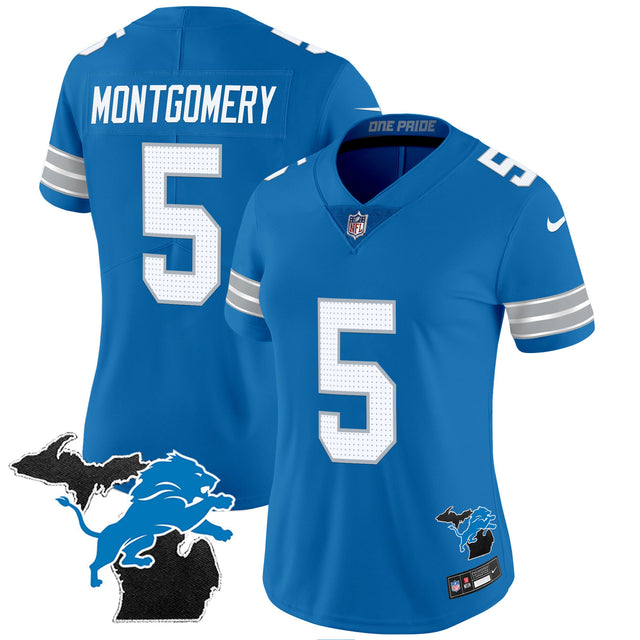 Women's Detroit Lions 2024 Michigan Patch Vapor Jersey - All Stitched - Blue - David Montgomery — view 1