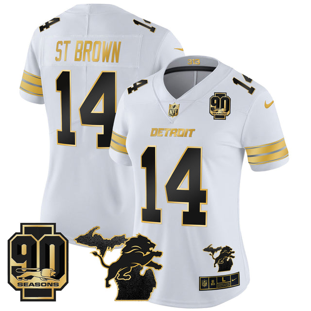 Women's Detroit Lions 2024 Michigan & 90th Year Patch Gold Vapor Limited Jersey - All Stitched - White Gold - St. Brown — view 1