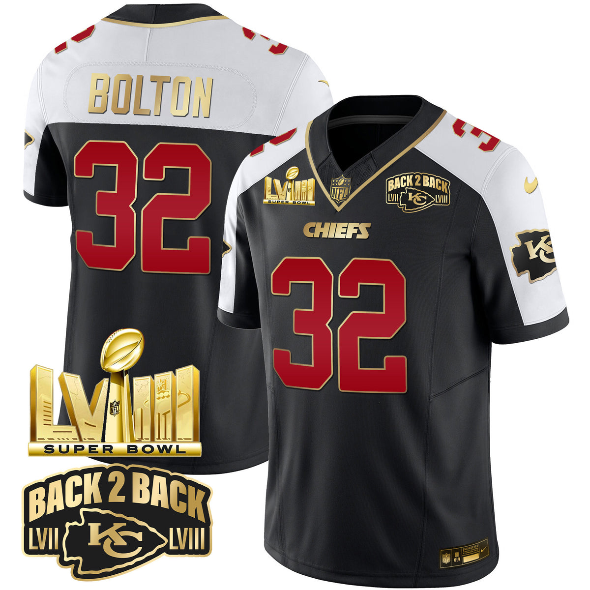 Men's Chiefs Super Bowl LVIII & Back 2 Back Gold Patch Vapor Jersey - All Stitched - Black Alternate - Nick Bolton — view 1