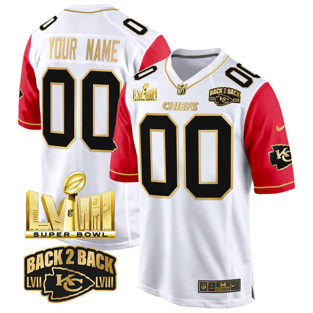 Chiefs Super Bowl LVIII & Back 2 Back Gold Game Custom Jersey - All Stitched - Color Sleeves — view 1