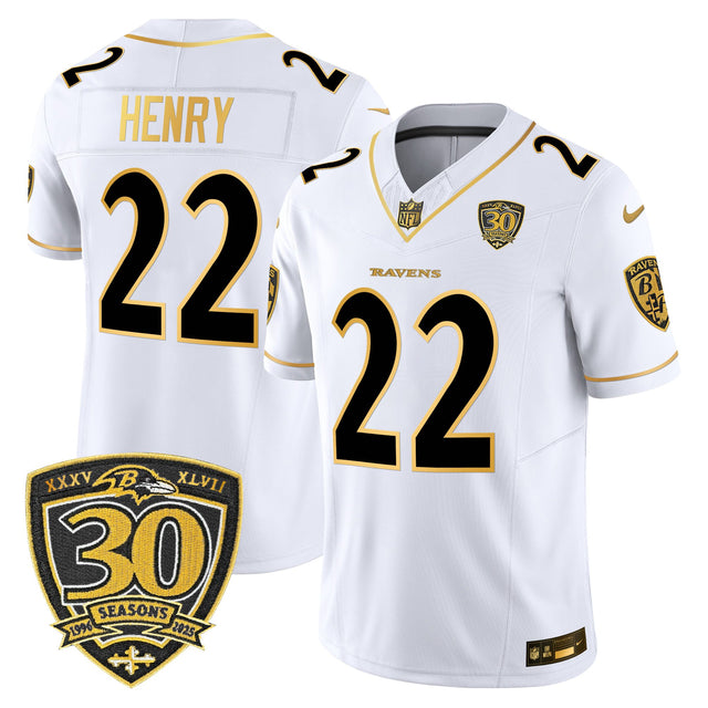Men's Baltimore Ravens 2025 Gold Vapor Limited Jersey - 30th Anniversary Patch - All Stitched - White Gold - Derrick Henry — view 1