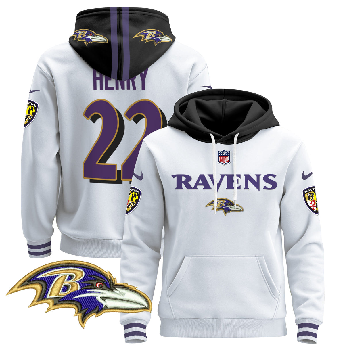 Men's Baltimore Ravens 2024 Pullover Hoodie V3 - All Stitched - White - Derrick Henry — view 1