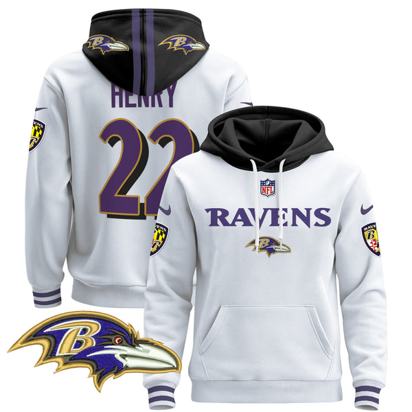 Men's Baltimore Ravens 2024 Pullover Hoodie V3 - All Stitched - White - Derrick Henry — view 1