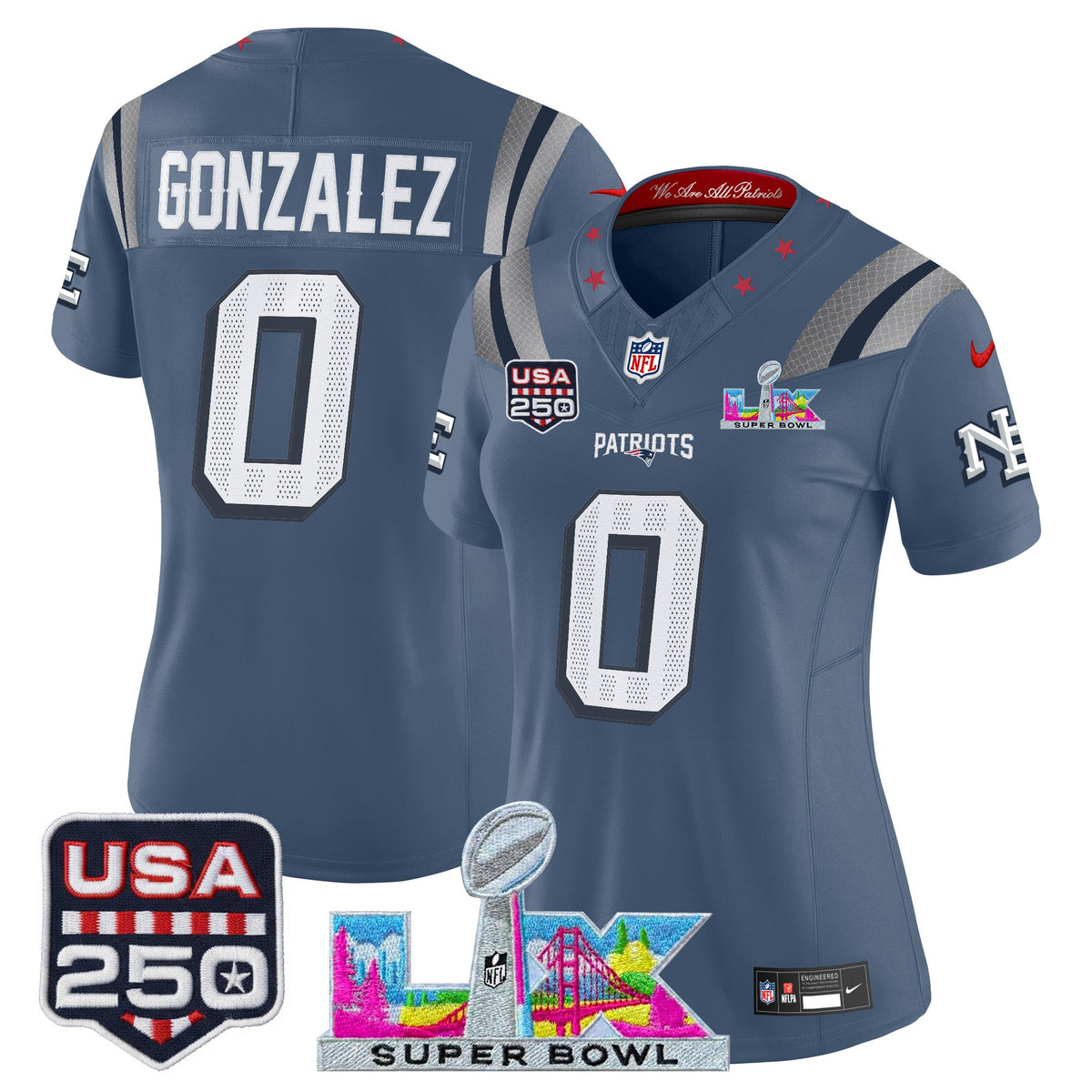 Women's New England Patriots Super Bowl LX & United States 250th Anniversary Patch Vapor Limited Je ~63b3501f - Storm Blue - Christian Gonzalez — view 1