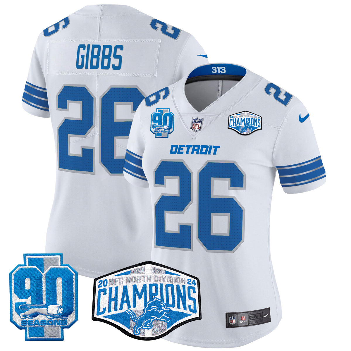 Women's Detroit Lions 2024 NFC North Division Champions Patch Vapor Limited Jersey - All Stitched - White - Jahmyr Gibbs — view 1