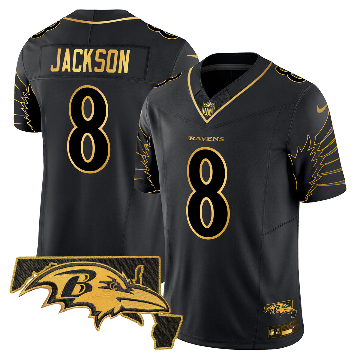 Men's Ravens Maryland Patch Gold Vapor Limited Jersey V2 - All Stitched - Black Gold - Lamar Jackson — view 1